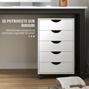 HOMCOM Dulap de birou cu 5 sertare și roți pivotante cu frâne, 40x40x67 cm, alb | Aosom Romania