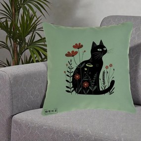 Perna Decorativa Pisica Neagra Flori Rosii Folk, 40x40 cm, Verde, Husa Detasabila, Perna Inclusa, BEKZ®