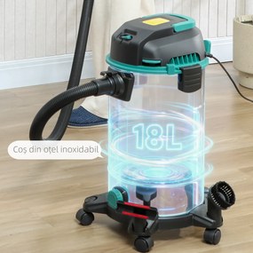 HOMCOM Aspirator 3 în 1 de 1400W, Aspirator de Solide și Lichide și Suflător, Recipient de 18L din Oțel Inox, Filtru Triplu și Accesorii, pentru Casă, Garaj și Birou | Aosom Romania