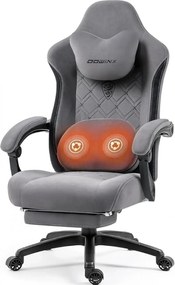 DOWINX Scaun gaming, ergonomic, Incalzire si Masaj cu Role in perna lombara, Șezut cu Arcuri Metalice și Spumă, rabatabil 90°-135°, Suport picioare, rezistent 150 kg, material textil, Gri