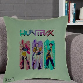 Perna Personalizata K-pop HUNTRX Trio cu Pisica in Benzi, 40x40 cm, Verde, Husa Detasabila, Perna Inclusa, BEKZ®