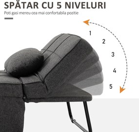 HOMCOM Canapea extensibilă cu Spătar Reglabil pe 5 Nivele și Pernă Suplimentară, 95x179x78 cm, Gri | Aosom Romania