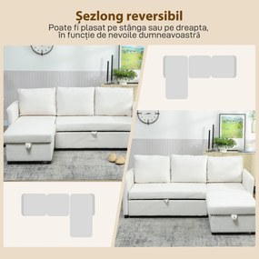 HOMCOM Divan Extensibil pentru 3 Persoane cu Șezlong Convertibil, Divan Rabatabil cu Compartiment de Depozitare și 3 Perne Detașabile, Material Textil cu Efect de In, Living, 192x148x86cm, Crem | Aosom Romania