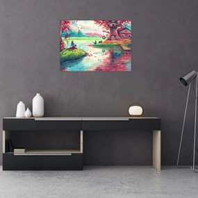 Tablou pe sticlă - Acuarelă, Golf într-un sat de munte (70x50 cm)
