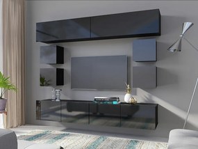 Mobilă pentru sufragerie Providence B132Negru, Negru lucios, Cu comodă tv, Cu componente suplimentare, Părți separate, PAL laminat, 210x43cm, 81 kg