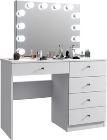 Masuta machiaj cu Oglinda LED si 5 Sertare pentru Cosmetice, Set Masa toaleta 110 cm, Alb, masuta cosmetica, vanity - SEA533