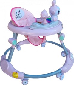 Premergator reglabil in 6 trepte de inaltime NOVOKIDS™ Happy Bunny, Cu melodii si lumini, Pliabil, Max 20 kg, Roti silentioase, Model Iepuras, Roz