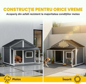 PawHut Casuță din Lemn de Exterior pentru Câini, Cușcă pentru Câini cu Terasă, Fereastră și Acoperiș Impermeabil, 124x112x105 cm, Gri | Aosom Romania
