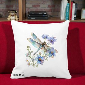 Perna Decorativa Libelula Acuarela Flori Albastre, 40x40 cm, Alba Mata, Husa Detasabila, Perna Inclusa, BEKZ®