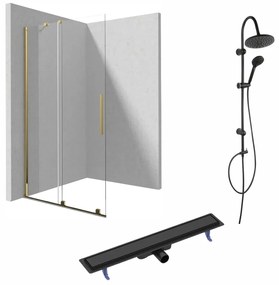 Set paravan dus walk-in cu usa glisanta, 100x195 cm, auriu lucios, Deante Prizma, rigola cu capac faiantabil reversibil plus coloana de dus neagra