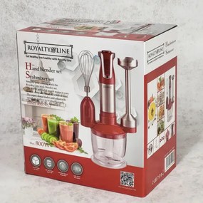 Blender cu tocator si tel Royalty Line RL-ESMS800, 800W, 0.6L, 2 viteze, Atasament metalic, Rosu