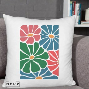 Perna Decorativa Flori Grafice Verde-Roz-Albastru, 40x40 cm, Alb Pufos, Husa Detasabila, Perna Inclusa, BEKZ®