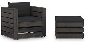 Set mobilier de gradina cu perne, 2 piese, gri, lemn tratat negru si gri, 2
