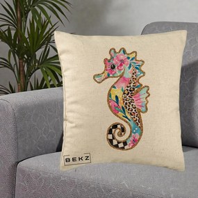 Perna Decorativa Calut de Mare Glitter Tropical, 40x40 cm, Bej, Husa Detasabila, Perna Inclusa, BEKZ®