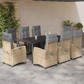 vidaXL Set de masă pentru grădină, 9 piese, cu perne, bej, poliratan