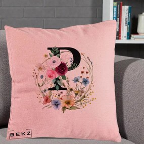 Cadou Personalizat - Perna Personalizata Monogram Litera P cu Flori Acuarela, 40x40 cm, Roz, Husa Detasabila, Perna Inclusa, BEKZ®