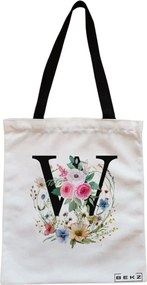 Sacosa de Panza pentru Cumparaturi, Geanta Tote, Cu litera W in Coronita Florala, Cu fermoar, 38x34.5 cm, Alba, BEKZ®