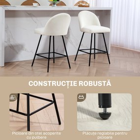 HOMCOM Set 2 Scaune de Bar cu Spătar din Catifea și Suport pentru Picioare, 48.5x56x92 cm, Alb Crem | Aosom Romania