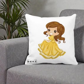 Perna Decorativa Printesa Bella Rochie Aurie, 40x40 cm, Alba Mata, Husa Detasabila, Perna Inclusa, BEKZ®