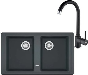 Set chiuveta bucatarie compozit Franke Basis 2 cuve fara picurator 86x50 cm finisaj negru mat cu baterie Pola