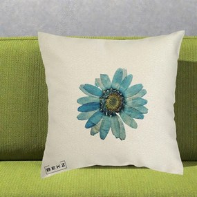 Perna Decorativa Floare Margareta Albastra Acuarela, 40x40 cm, Ecru, Husa Detasabila, Perna Inclusa, BEKZ®