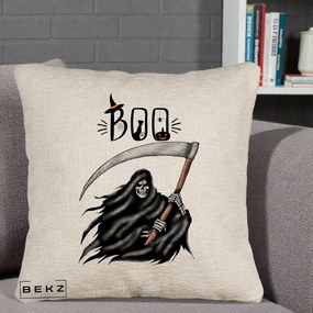 Perna Decorativa Halloween Boo Grim Reaper cu Coasa, 40x40 cm, Bej Canapea, Husa Detasabila, Perna Inclusa, BEKZ®