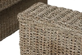 Set lounge exterior din fibre naturale împletite și structura din lemn de tec cu 2 canapele, măsuță de cafea și perne, „Borneo”
