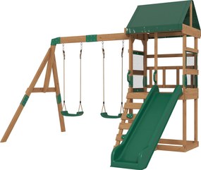 AIYAPLAY Turn de joacă Cadru de cățărat Lemn Cadru de leagăn cu tobogan 2 leagăne Perete de cățărat pentru 3-8 ani 315x284x233 cm Verde | Aosom Romania