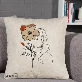 Perna Decorativa Portret Feminin Floare Bej Terracotta, 40x40 cm, Bej Canapea, Husa Detasabila, Perna Inclusa, BEKZ®