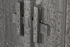Bufet îngust în stil etnic din lemn de mango, gri, cu 2 uși sculptate manual și zăvor din lemn, 90 x 91,5 x 40 cm, „Arvane”