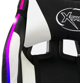 Scaun de racing cu LED RGB, alb si negru, piele ecologica Alb si negru, Fara suport de picioare, 1