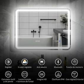 HOMCOM Oglindă de Baie LED cu Bluetooth, Iluminare Reglabilă și Funcție de Memorare, din Sticlă Securizată, 80 x 2.9 x 60 cm | Aosom Romania