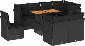 vidaXL Set mobilier de grădină cu perne, 9 piese, negru, poliratan