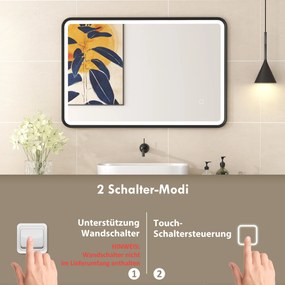 HOMCOM Oglindă de baie LED 90 x 60 cm, lumini, 3 culori, reglabilă, funcție memorie, orizontală și verticală, negru | Aosom Romania