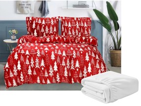 Set lenjerie cocolino CHRISTMAS TREES rosu + cearsaf Cocolino microplus cu elastic SOFT 180x200 cm alb, pat dublu
