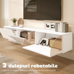 HOMCOM Mobilier TV Suspendat, Suport TV până la 82" cu 3 Dulapuri cu Uși Rabatabile Soft Close, Dulap pentru Televizor pentru Living, Dormitor și Salon, 180x31.5x29.8 cm, Alb Lucios | Aosom Romania