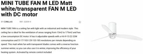 Lustra cu Ventilator si telecomanda MINI TUBE M LED alb mat/transparent