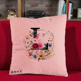Cadou Personalizat - Perna Personalizata Monogram Litera L cu Flori Acuarela, 40x40 cm, Roz, Husa Detasabila, Perna Inclusa, BEKZ®