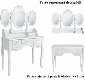Set Sofia Masă de Toaletă pentru Machiaj cu 3 Oglinzi, 7 Sertare și Scaun, Alb,