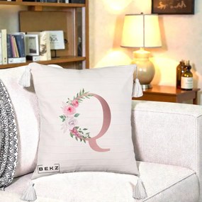 Cadou Personalizat - Perna Personalizata Monograma Rose Gold Litera Q, 40x40 cm, Bej cu Franjuri, Husa Detasabila, Perna Inclusa, BEKZ®