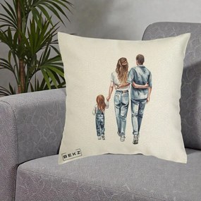 Cadou pentru Familie - Perna Personalizata Familie Acuarela Jeans, 40x40 cm, Ecru, Husa Detasabila, Perna Inclusa, BEKZ®