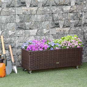 Jardiniera Inaltata Outsunny din Ratan Sintetic cu Roti Blocabile pentru Interior si Exterior, 94.5x31x36cm, Maro | Aosom Romania