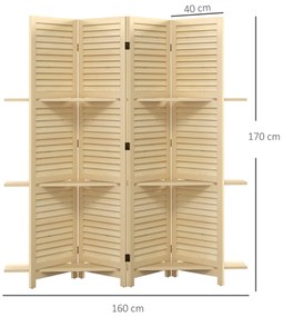 HOMCOM Paravant interior 4 panouri 160L x 170Î cm 3 rafturi pliabile separatoare de cameră uși pliante natural | Aosom Romania