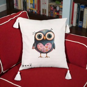 Perna Decorativa Bufnita cu Inimioare Roz, 40x40 cm, Bej cu Franjuri, Husa Detasabila, Perna Inclusa, BEKZ®