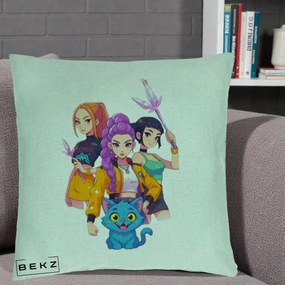 Perna Personalizata K-pop HUNTRX Trio cu Pisica si Cristale, 40x40 cm, Verde Menta, Husa Detasabila, Perna Inclusa, BEKZ®