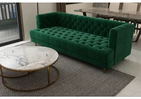 CANAPEA CATIFEA LUX CHESTERFIELD, 210X88X75 CM, CULOARE VERDE SMARALD, SEZUT SPUMA, CADRU LEMN, PICIOARE METAL AURIU