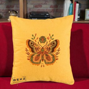 Perna Decorativa Fluture Boho Floral, 40x40 cm, Galben, Husa Detasabila, Perna Inclusa, BEKZ®
