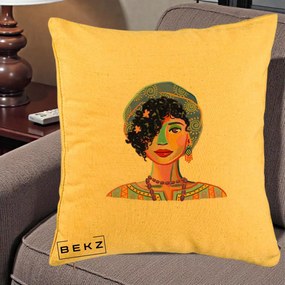 Perna Decorativa Portret Femeie Etnic Colorat, 40x40 cm, Galben, Husa Detasabila, Perna Inclusa, BEKZ®
