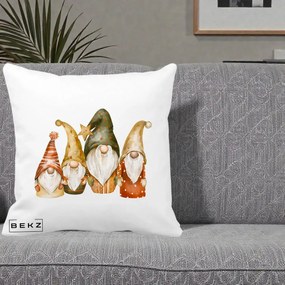 Perna Decorativa Gnomi de Craciun Patru, 40x40 cm, Alba Mata, Husa Detasabila, Perna Inclusa, BEKZ®