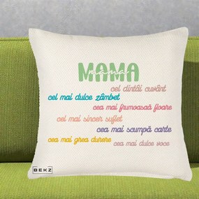 Cadou pentru Mama - Perna Personalizata Mama Cel Dintai Cuvant cu Text Colorat Multicolor, 40x40 cm, Crem Reliefat, Husa Detasabila, Perna Inclusa, BEKZ®